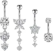 [Briana Williams] 14g Belly Button Ring Dangle Belly Button Rings Piercing Jewelry Surgical Stainless Steel Clicker Belly Navel Rings Piercing Jewelry for Women Heart Butterfly Diamond Silver Gold