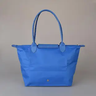 【LONGCHAMP】LONGCHAMP刺繡LOGO撞色設計尼龍長提把拉鍊摺疊手提包(小/水藍x深藍)