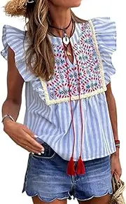 [Chvity] Women's Stripe Geo Pattern Embroidered V Neck Ruffle Cap Sleeve Peplum Tassel Flutter Blouse Top