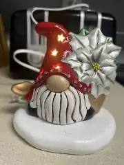 Cermic Gnome With Poinsettia , Lighted, Christmas Decor