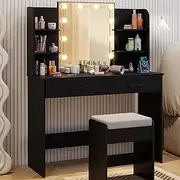 Giantex Makeup Vanity Desk with Lighted Mirror, Dressing Table & Stool Set w/Charging Station, 3-Color Dimmable LED Lights, Drawers & Open Shelves for Bedroom (Black)
