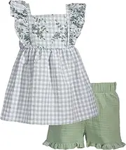 [Bonnie Jean] Girls Size 4-16 Embroidered Check Top Gauze Short Set