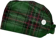 [WOSHJIUK] Working Hat 2 Pack Scrub Caps for Women,Classic Tartan Pattern Dark Green Grid,Tie Back Cap Adjustable Scrub Hat