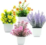 Auolen Fake Potted Plants - Set of 4 Artificial Potted Flowers Faux Plants Lavender in White Pot Plastic Flowers Bonsai for Indoor Outdoor Home Kitchen Office Desktop Wedding Decor