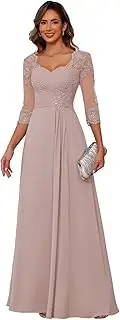 [Miao Duo] Women's Lace Appliqued Mother of The Bride Dresses 3/4 Sleeves Scoop Long Formal Evening Dress MDPM107, Dusty Blush, 24 Plus