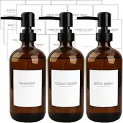 Set of 3 Amber Glass 16.9oz Soap Dispensers with 22 White Labels Bathroom Liquid Bottle Container with Black Pump