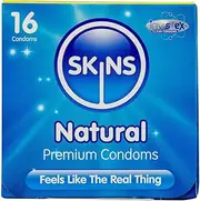 Skins Natural Condoms –Natural Latex Condoms without The Smell, Extra Lubricated to Feel Like The Real Thing – Pack of 16