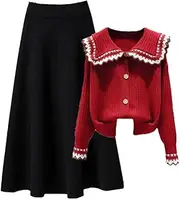 [Generic] Women's Oversized Knitted Skirt Set Loose Spliced Sweater Cardigan High Waist Slim Half Skirt Two Piece Set