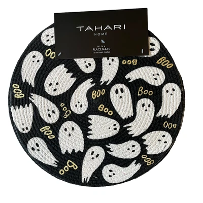 Tahari Home Halloween Ghost Placemats 15in Round Black White Gold Boo Set 4 New