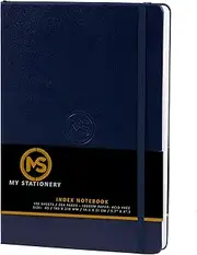 MS MY STATIONERY A5 Index Notebook Hardback Leatherette Cover 8mm Ruled Margin A-Z Tabs 264 Pages 100 GSM White Paper Sewn Binding Note Book-Navy Blue Cover