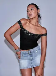 Jewels Off The Shoulder Top Black