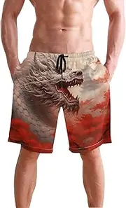 [XYMZR] Men's Swim Trunks White Dragon Red Tree Quick-Dry Bathing Suit Swimming Board Shorts S