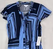 New Liz Claiborne Midi Dress 4 Short Sleeve A-Line Blue Geo Print Rayon Womens