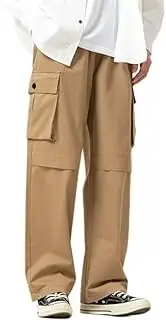 [Generic] Men's Pocket Side Drawstring Elastic Waist Loose Wide Leg Cargo Pants