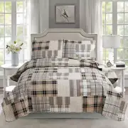 Twin Bedspread Plaid Quilts Bedding Sets 3-Pcs Brown Bedspreads Sets Reversible