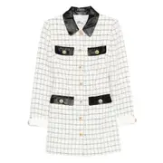 [Self-portrait] Self-portrait Checked Leather-trimmed Mini Dress 8 UK WHITE/BLACK
