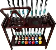 GACCO BILLIARDS Pool Stick Holder Floor Stand Holds 9 Cues & Pool Table Accessories. Wooden 2-Tier Cue Stick Storage with Ball Rack Hangers, Billiard Cone Chalk Holder or Drink Pads (Mahogany)