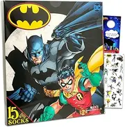 Batman 15 Days of Socks - Bundle of One Size 15 Pack of Batman Crew and Low Cut Superhero Socks Plus Stickers and Door Hanger | DC Comics Merchandise for Men, Women, Multicolor