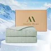 Amélie Home Waffle Cooling Comforter Queen Size, Q-Max 0.45 Double-Sided Lightweight Cooling Blanket for Hot Sleepers, Summer Silk Breathable Bedding Quilt for Night Sweats, 90"x90", Sage Green