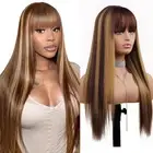 Blonde Highlight Wig with Bangs for Women Long Blonde Mix Brown Straight Wigs...