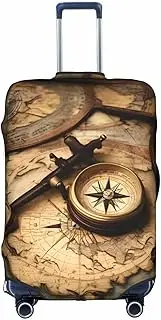 [HTTUP] Compass and Old World Map Print Practical Elastic Washable Travel Luggage Cover with Concealed Zipper for Suitcases, White, Large