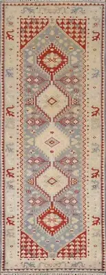 Geometric Light Blue Heriz Serapi Handmade Oriental Rug Runner 2' 7" x 7' 10"