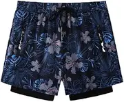 [Muulyca] Anti-Chafe Men Swim Shorts with Boxer Brief Liner Quick Dry Beach Moderate Bathing Suit Running Shorts