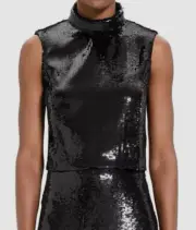 Theory Women's Black Sequined Cropped Roll Neck Top Size 2