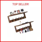 2 Pack Brown Wood Wall Mount Coat Rack with 5 Metal Hooks, Adjustable Easy Insta