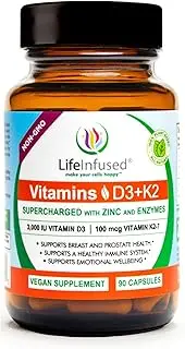 Life Infused Vitamin D3 + K2 Supercharged with Zinc and Enzymes, Help Maintain Healthy Immune System, Bone Health, Emotional Wellbeing, 90 Capsules.