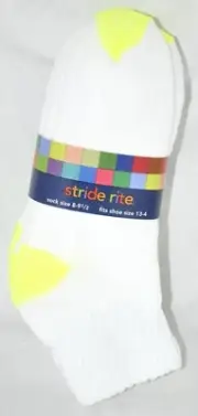 Stride Rite White/Neon Yellow Ankle Socks 12 Pr Kids Size 6-8 1/2 Made In USA