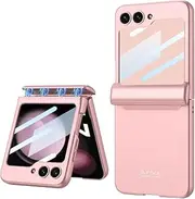 Magnetic Folding Phone Case for Samsung Galaxy Z Flip 5, All Inclusive Phone Protective Case for Flip5, Solid Color with Glass Screen Protector (Pink)