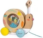 Janod - Pure Pull-Along Animal Snail - Wooden Toy with Xylophone and Tambourine - Musical Montessori Learning Toy - Water-Based Colours - Baby Toy from 1 Year, J05159