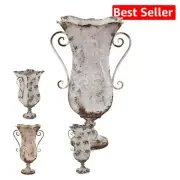 Elegant 21-Inch Beige Rustic Iron Vase with Scrolled Handles and Leaf Design