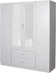 [Priceworth] Redfern Melamine 4-Door 2-Drawer Wardrobe with Double Mirrors, Cupboard for Bedding, Clothes Storage, and More, Bedroom Furniture, Ample Storage, Durable, 192 H x 160 W x 52 D CM, White