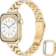[Calina] Stainless Steel Band and Soft Case fit Apple Watch Bands 41mm 40mm 38mm Series SE 9 8 7 6 5 4 3 2 1, Thin Bracelet for Apple Watch Strap and Bare Cover, Metal iWatch Band for Women-Gold