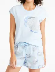 NEW PETER ALEXANDER WOMENS BEDTIME SLOTH TEE TOP + SHORTS PJ SET L $99.90 BLUE