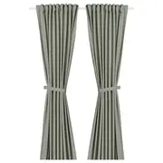 LENDA curtains with tie-backs, 1 pair, light grey-green/with heading tape, 140x250 cm