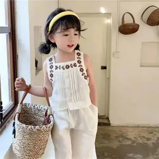韓國ins童裝 女童背心套裝洋氣夏季韓版女寶寶繡花吊帶寬褲兩件套棉麻