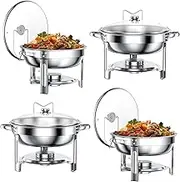 4.5LChafing Dish Buffet Set with Visible Glass Lid and Holder, Stainless Steel Round Chafers and Buffet Warmers Sets with Food and Water Trays for Catering, Parties and Weddings, Sliver, 4 Pack