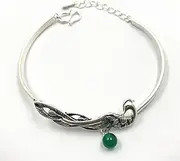 [Tbkoly] Fashion Silver Sterling Cuff Bangle Chain Bracelets,Ladies 925 Sterling Silver Bracelet Hand Carve Phoenix Bracelet Green Agate Bracelet Ladies Silver Jewellery Gifts