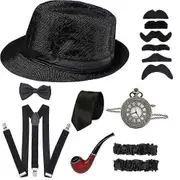 1920s Mens Gatsby Gangster Costume Accessories Set Old Man Grandpa Costume Cosplay Dress Up With Panama Hat Suspender Bow Tie