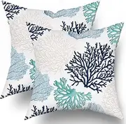 Summer Coastal Throw Pillow Covers Set of 2 Farmhouse Coral Branch Ocean Themed Pillowcase Soft Cotton Square Cushion Covers for Home Couch Sofa Patio Bedroom 18X18 Inches