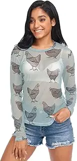 [RPLIFE] Black Chickens Blue Grey Mesh Sleeves, Womens Sheer Long Sleeve Top S-XXL