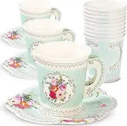 [Talking Tables] TS6-CUPSET Disposable Truly Scrumptious Party Vintage Floral Tea Cups and Saucer Sets, Mint Green