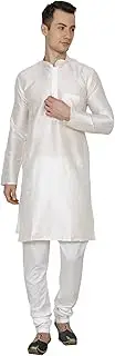 [Royal Kurta] Men's Silk Blended Mandarin Collar Long Kurta Churidar Set (44, Cream)