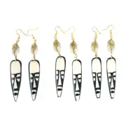 African Handmade Bone and Cowrie Shell Earrings- Tribal Mask Design