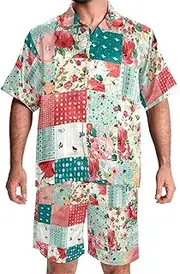 [FNETJXF] Men's Hawaiian Shirts and Shorts Set, Mens Short Sets 2 Piece Outfits, Beach Outfits for Men, Patchwork Plaid Flower Pink Green Modern Lovely, Mens Summer Outfits