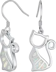 [Bling Jewelry] Jewelry Set Gemstone Cute Sweet Animal Pet Sitting Kitten Kitty Kat Black Or White Created Opal Curious Cat Dangle Earrings Pendant For Women Teen .925 Sterling Silver Fish Hook