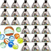24 Set Glass Marbles Assorted Colors Shooter Marbles with Black Drawstring Storage Bag Classic Marble Set or Indoor and Outdoor Game Party Favors, 10 Marbles and 1 Shooter Per Pack